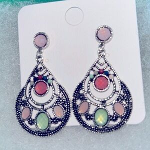 Boho Silver Tone Multiple Stone Drop statement earrings